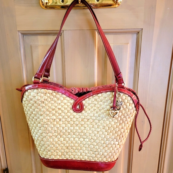 Handbags - Marilyn Brighton Purse Leather Silver Red Bandana Liner Drawstring Sturdy Tote